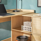 Escritorio reversible en forma de L con cajones y almacenamiento abierto