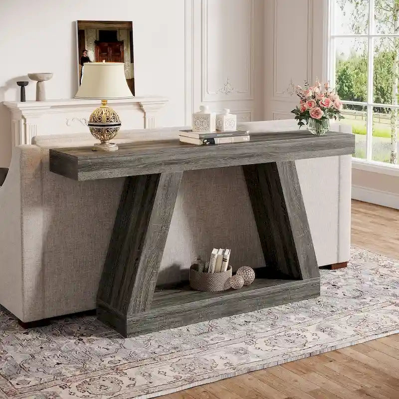 Mesa consola de 55 pulgadas con acabado de veta de madera y estantes de dos niveles