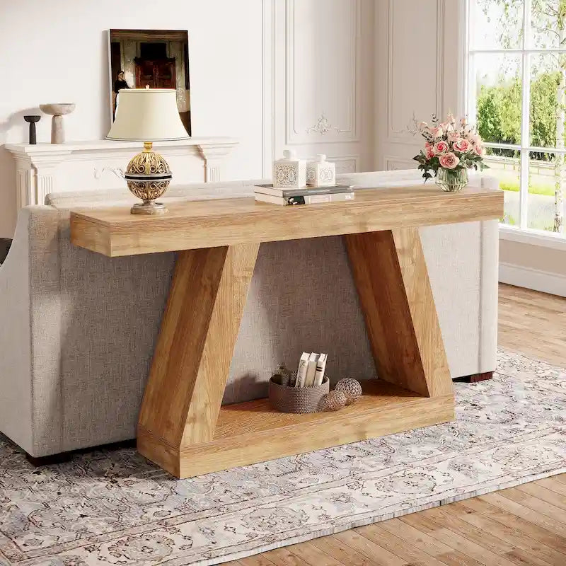 Mesa consola de 55 pulgadas con acabado de veta de madera y estantes de dos niveles
