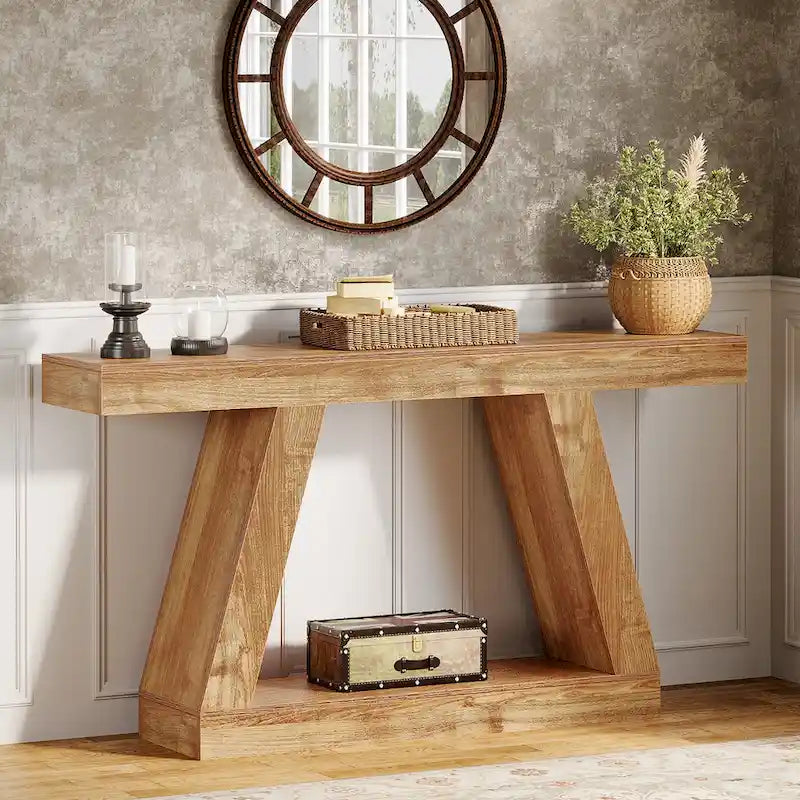 Mesa consola de 55 pulgadas con acabado de veta de madera y estantes de dos niveles