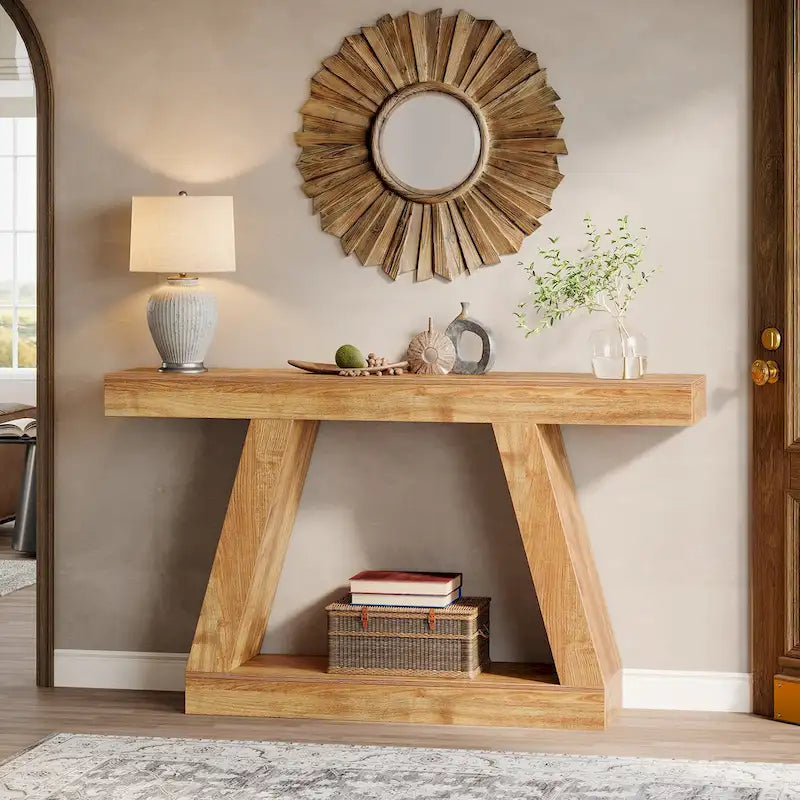 Mesa consola de 55 pulgadas con acabado de veta de madera y estantes de dos niveles