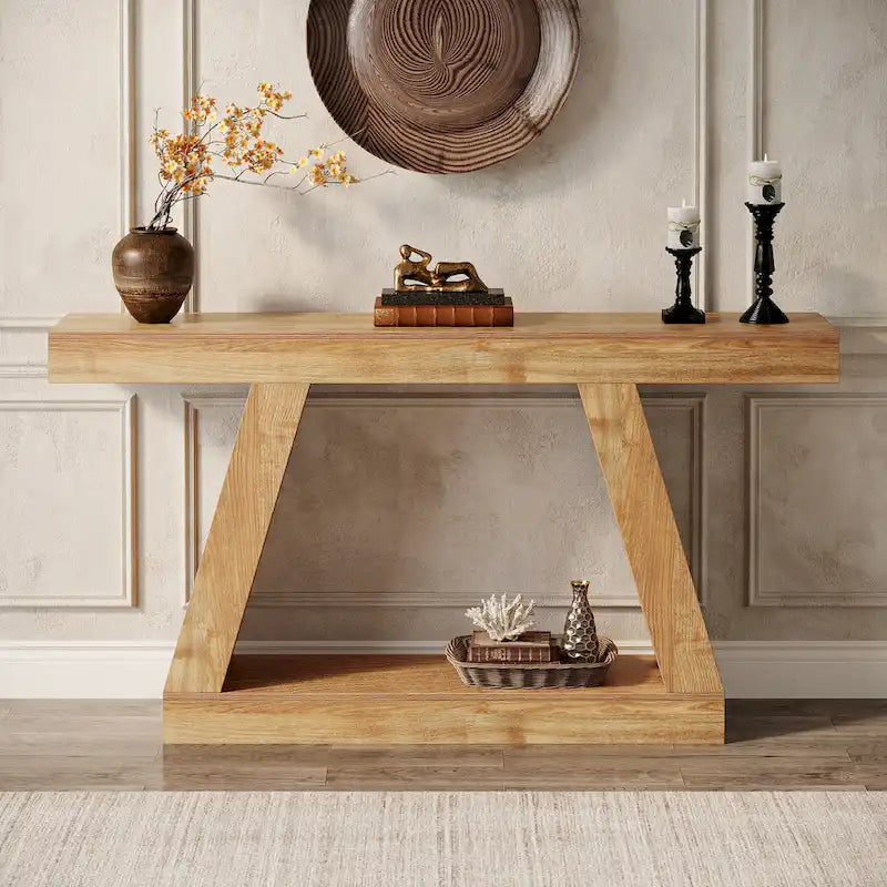 Mesa consola de 55 pulgadas con acabado de veta de madera y estantes de dos niveles