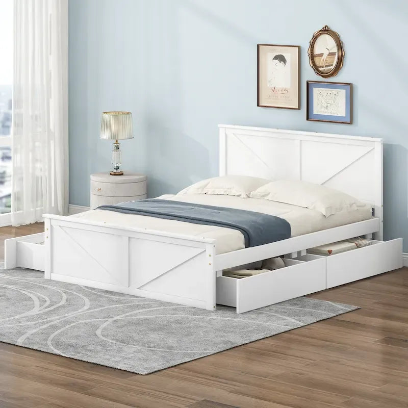 Cama de madera tipo plataforma tamaño Queen con 4 cajones de almacenamiento, blanco antiguo