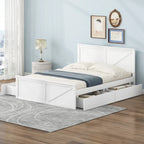 Cama de madera tipo plataforma tamaño Queen con 4 cajones de almacenamiento, blanco antiguo