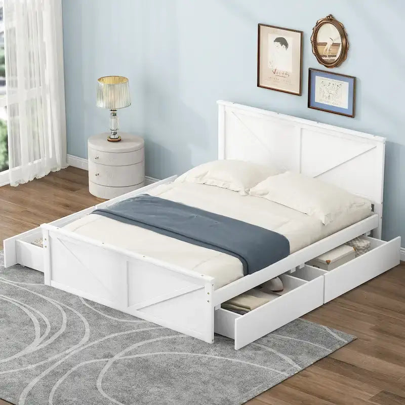 Cama de madera tipo plataforma tamaño Queen con 4 cajones de almacenamiento, blanco antiguo