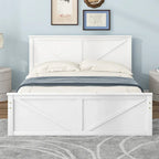Cama de madera tipo plataforma tamaño Queen con 4 cajones de almacenamiento, blanco antiguo