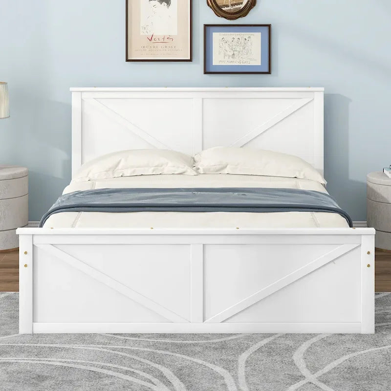 Cama de madera tipo plataforma tamaño Queen con 4 cajones de almacenamiento, blanco antiguo