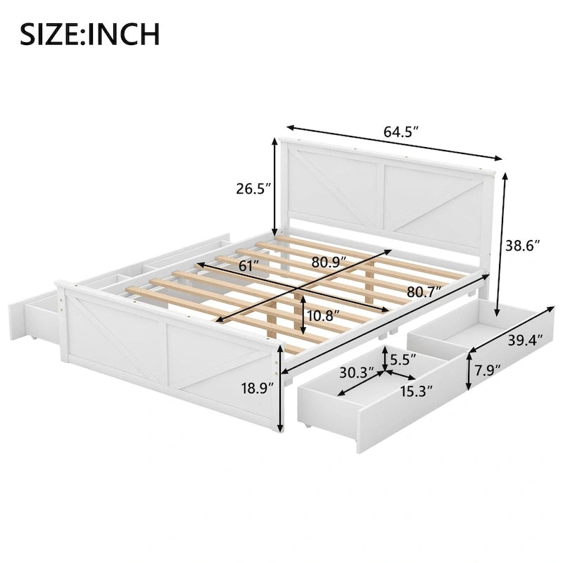 Cama de madera tipo plataforma tamaño Queen con 4 cajones de almacenamiento, blanco antiguo