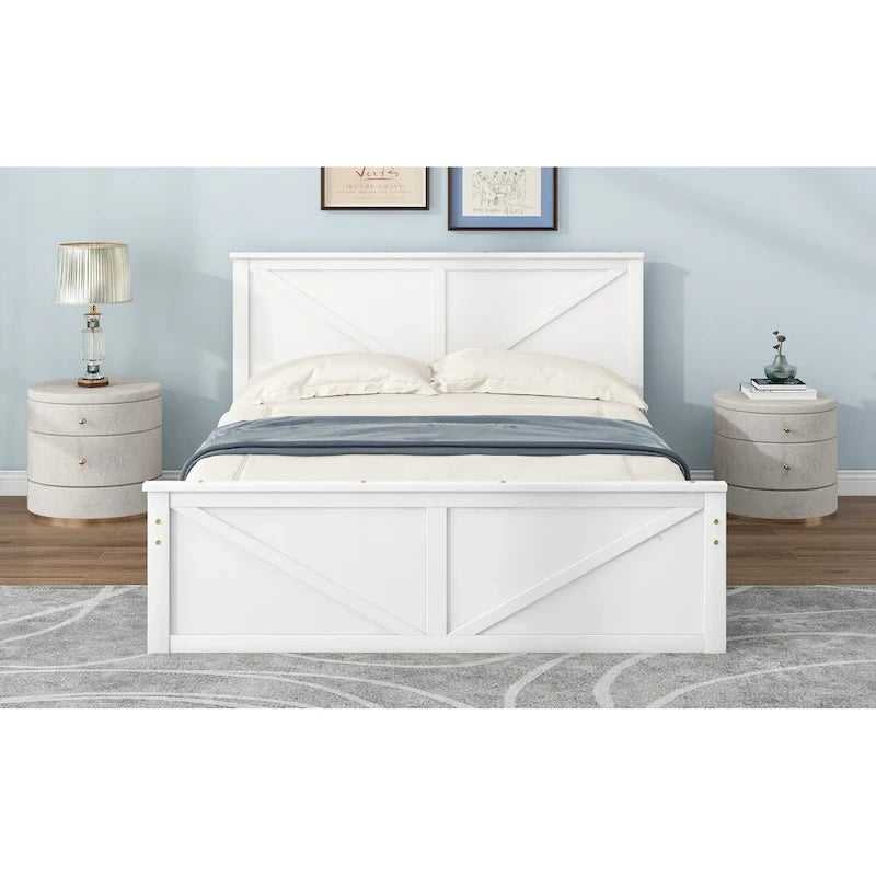 Cama de madera tipo plataforma tamaño Queen con 4 cajones de almacenamiento, blanco antiguo