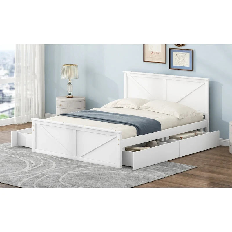 Cama de madera tipo plataforma tamaño Queen con 4 cajones de almacenamiento, blanco antiguo