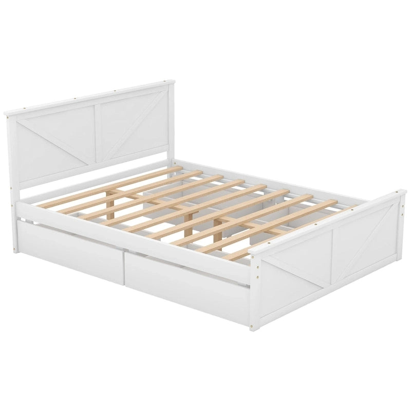 Cama de madera tipo plataforma tamaño Queen con 4 cajones de almacenamiento, blanco antiguo