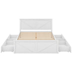 Cama de madera tipo plataforma tamaño Queen con 4 cajones de almacenamiento, blanco antiguo
