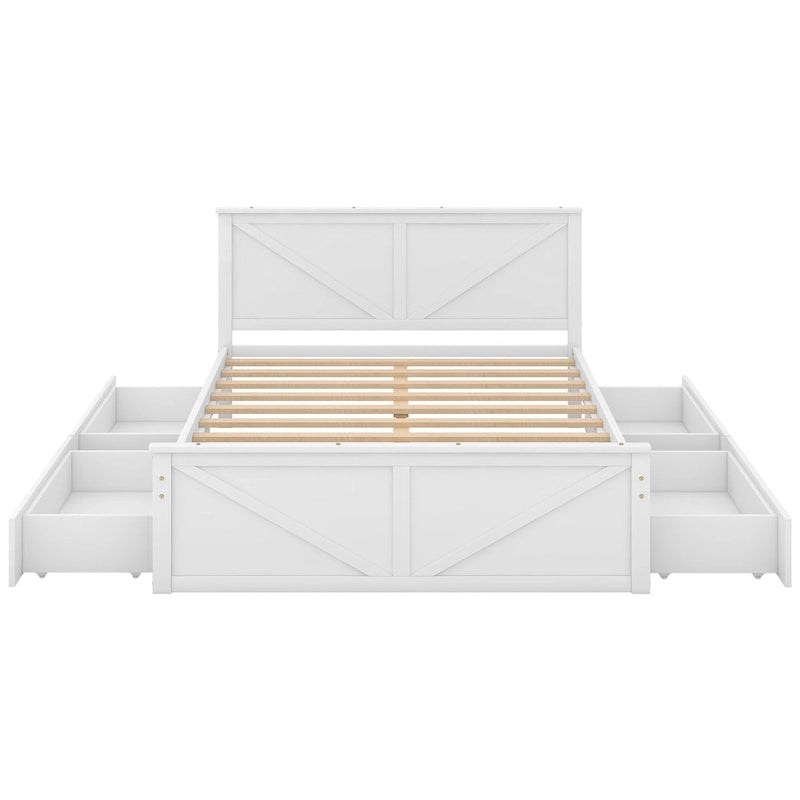 Cama de madera tipo plataforma tamaño Queen con 4 cajones de almacenamiento, blanco antiguo