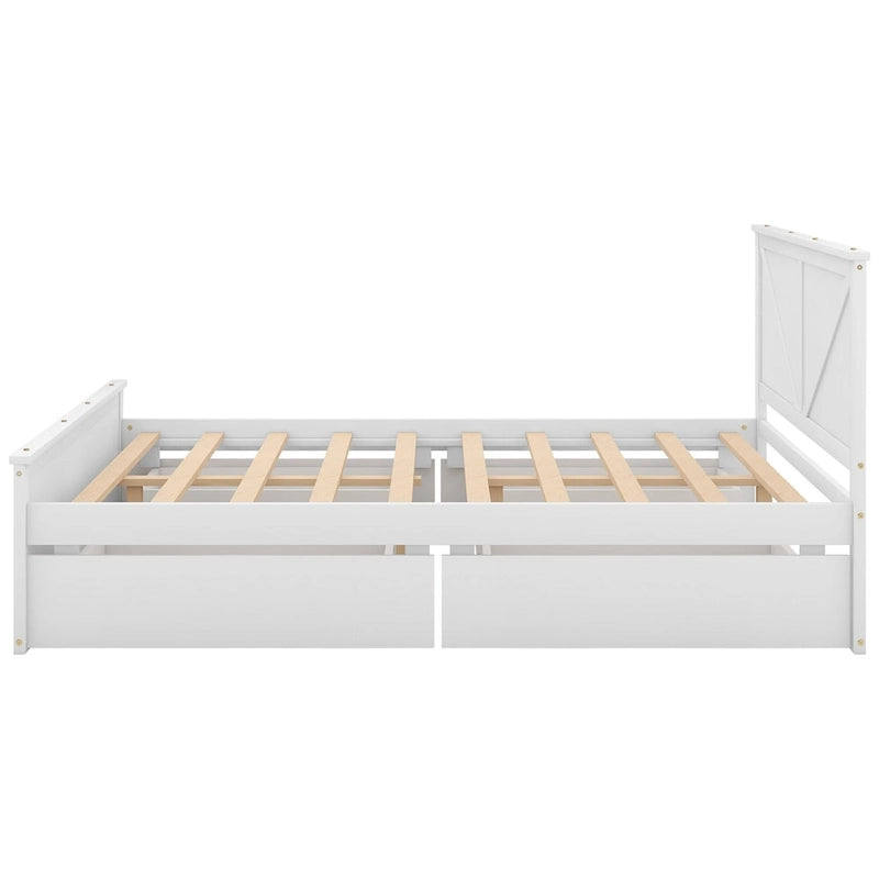 Cama de madera tipo plataforma tamaño Queen con 4 cajones de almacenamiento, blanco antiguo