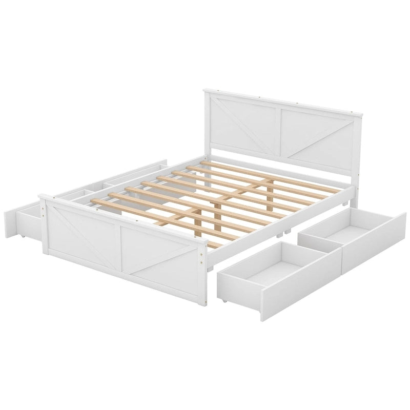 Cama de madera tipo plataforma tamaño Queen con 4 cajones de almacenamiento, blanco antiguo