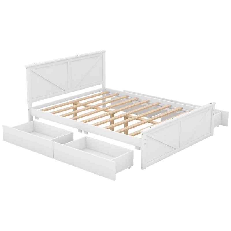 Cama de madera tipo plataforma tamaño Queen con 4 cajones de almacenamiento, blanco antiguo