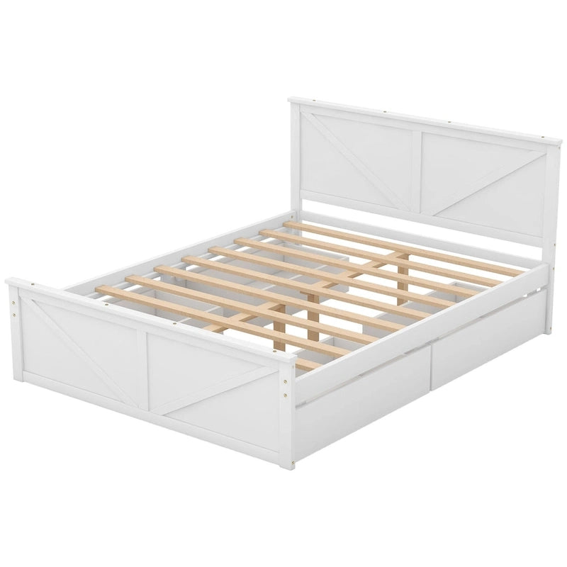 Cama de madera tipo plataforma tamaño Queen con 4 cajones de almacenamiento, blanco antiguo