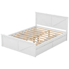 Cama de madera tipo plataforma tamaño Queen con 4 cajones de almacenamiento, blanco antiguo