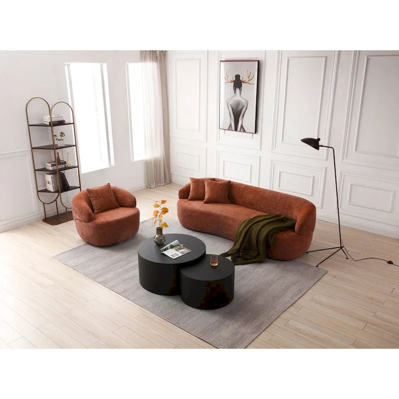Sillón giratorio tipo barril tapizado en naranja