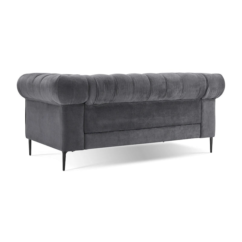 Pikowana dwuosobowa sofa z aksamitu i podłokietnikami w kształcie wałków