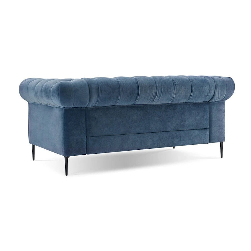 Pikowana dwuosobowa sofa z aksamitu i podłokietnikami w kształcie wałków