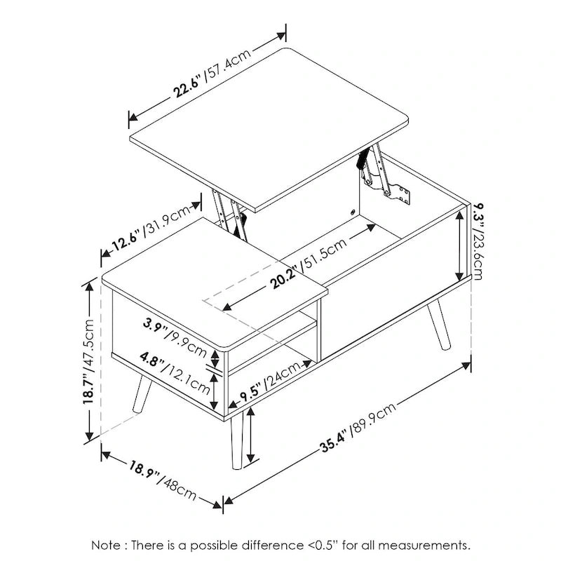 Table basse relevable avec rangement dissimulé et pieds en bois