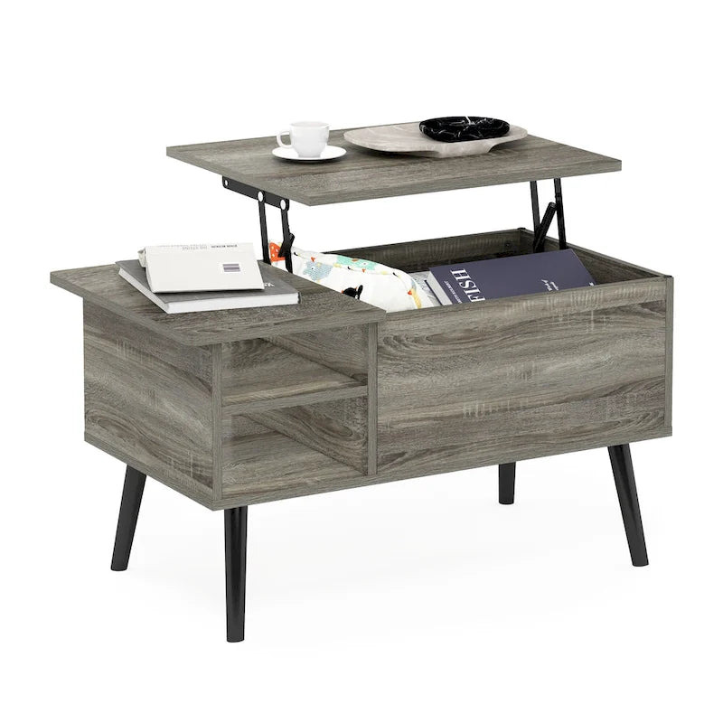Table basse relevable avec rangement dissimulé et pieds en bois