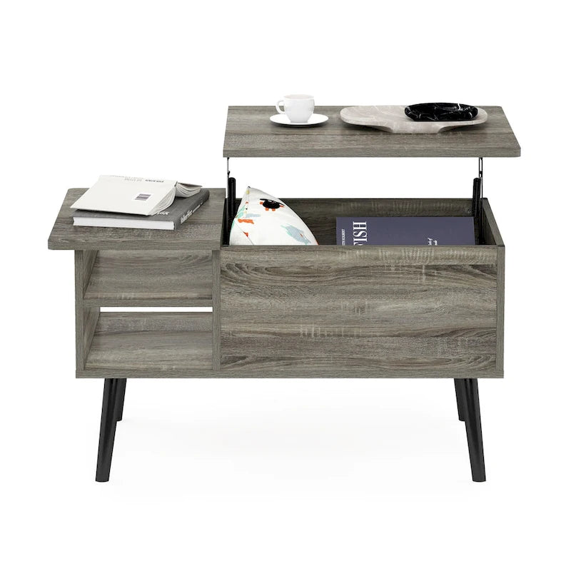 Table basse relevable avec rangement dissimulé et pieds en bois