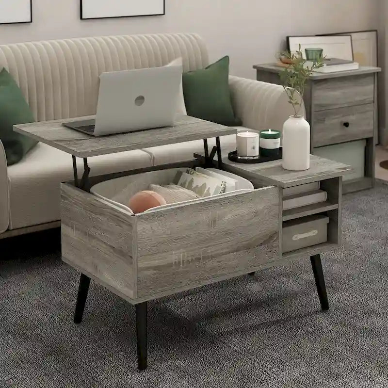 Table basse relevable avec rangement dissimulé et pieds en bois