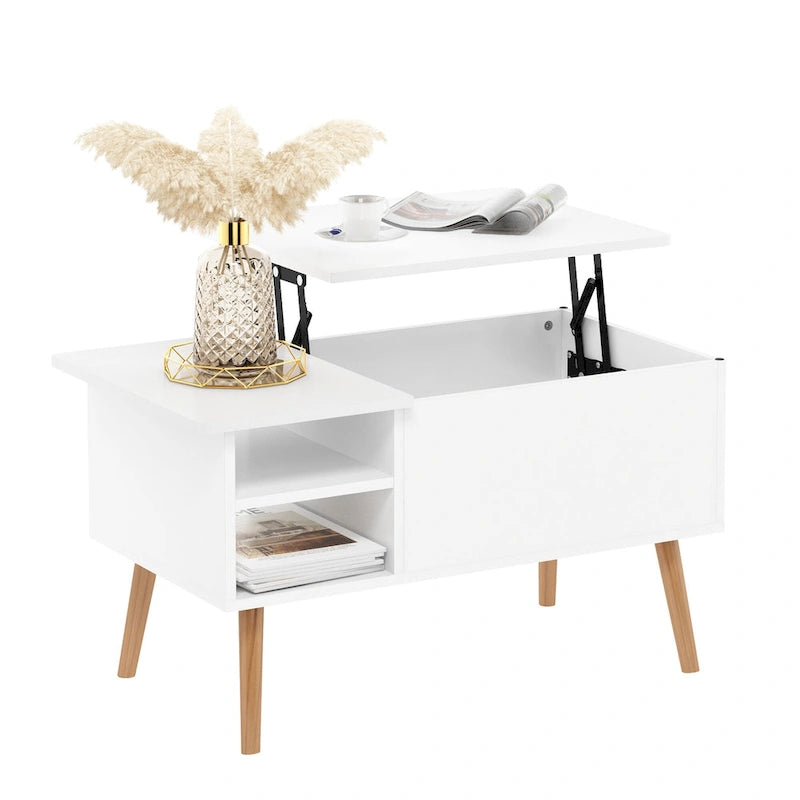 Table basse relevable avec rangement dissimulé et pieds en bois