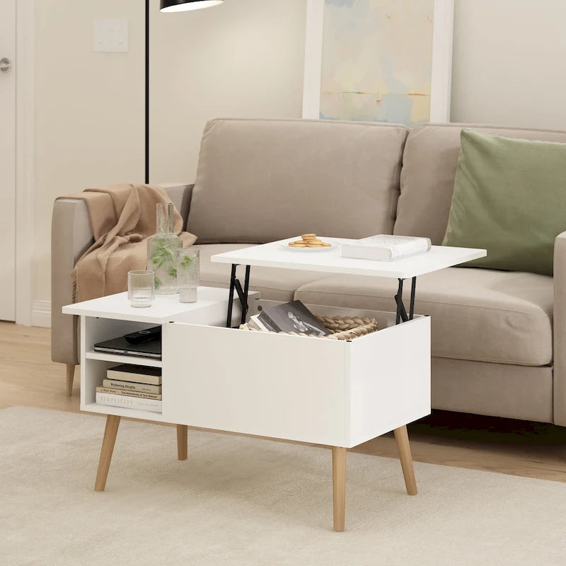 Table basse relevable avec rangement dissimulé et pieds en bois