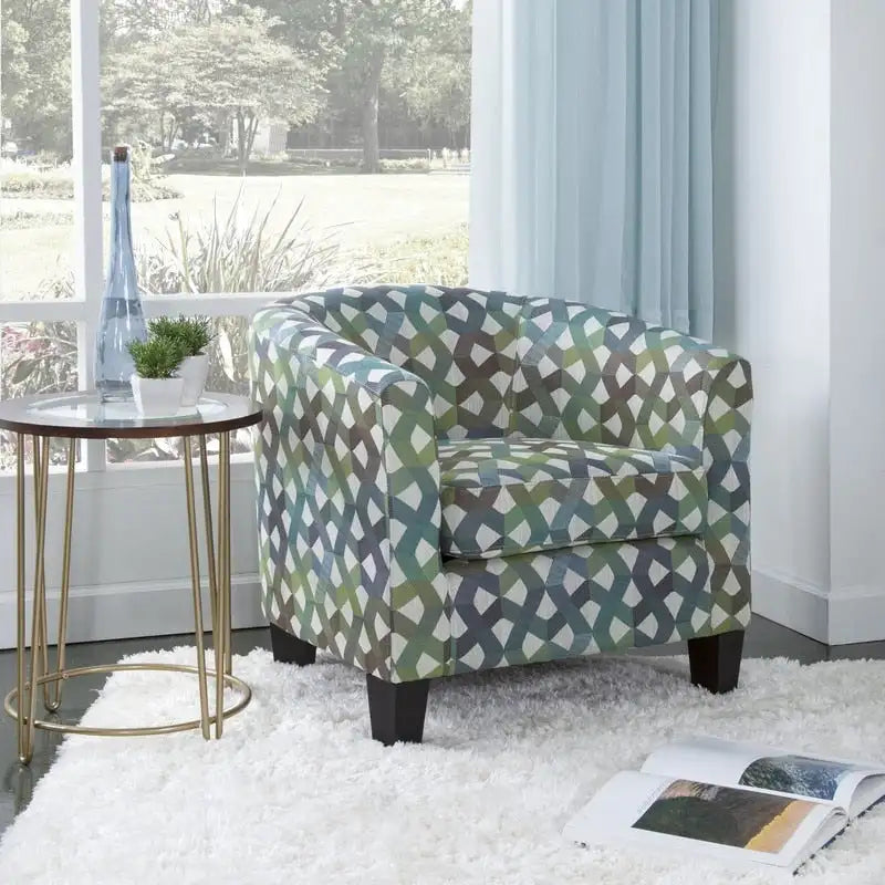 Sillón decorativo tipo barril tapizado en verde y azul