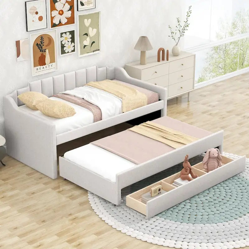 Cama otomana individual tapizada con cama nido y tres cajones de almacenamiento