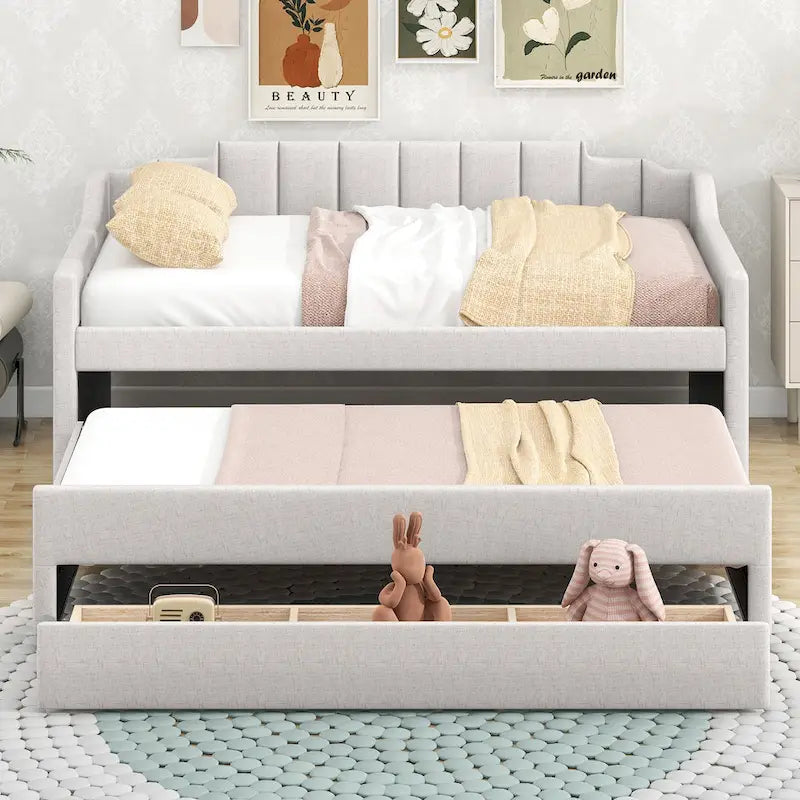 Cama otomana individual tapizada con cama nido y tres cajones de almacenamiento