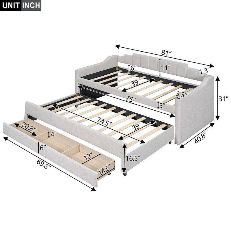 Cama otomana individual tapizada con cama nido y tres cajones de almacenamiento