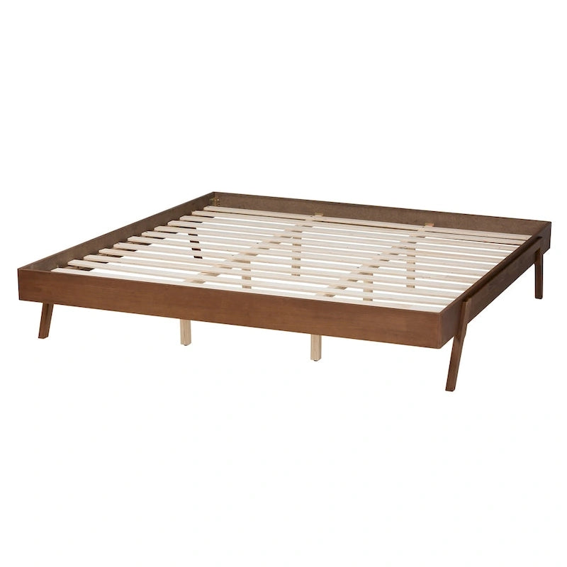 Estructura de cama tipo plataforma de madera de estilo moderno de mediados de siglo con patas inclinadas