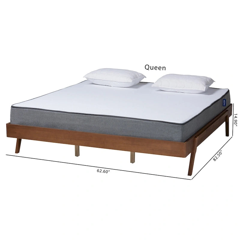 Drewniana rama łóżka na platformie w stylu mid-century z nogami pod kątem