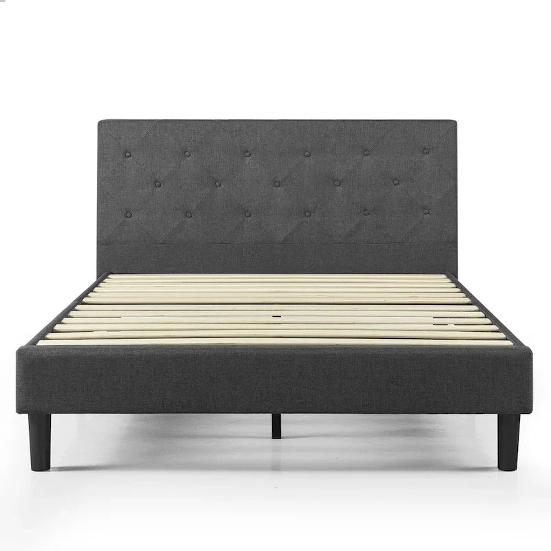 Letto con base a piattaforma imbottito grigio scuro con testiera trapuntata a rombi