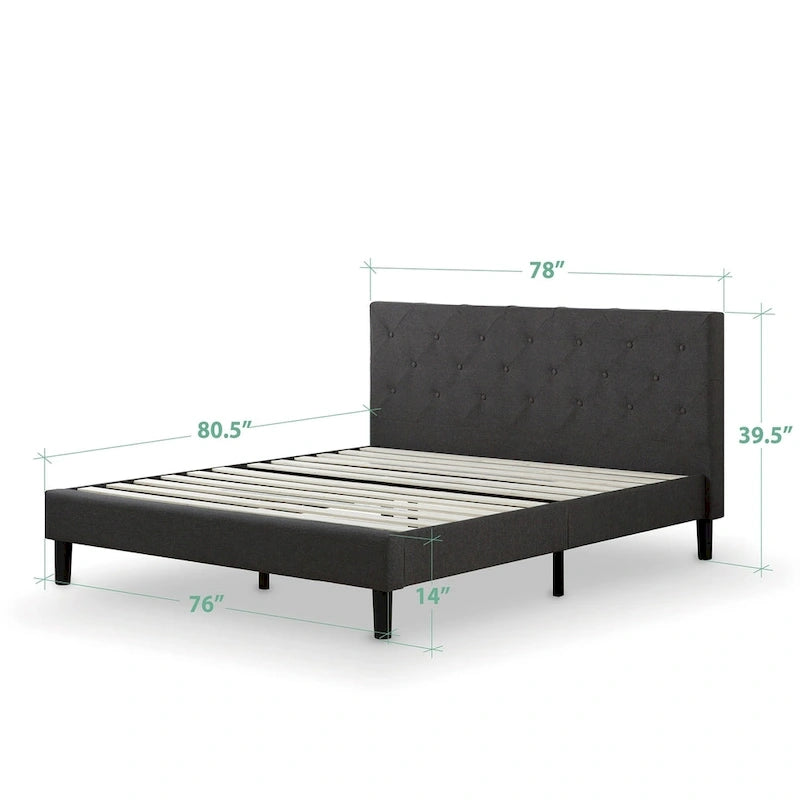 Letto con base a piattaforma imbottito grigio scuro con testiera trapuntata a rombi