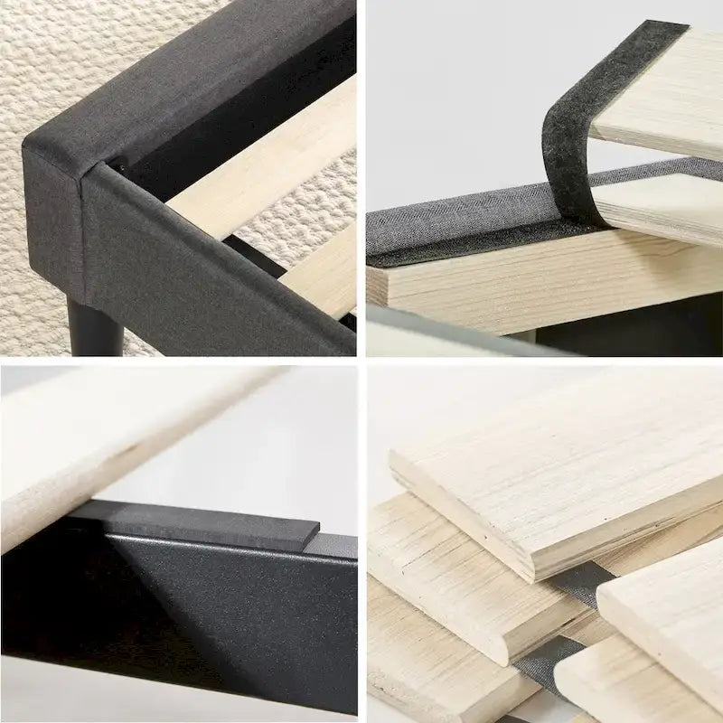 Letto con base a piattaforma imbottito grigio scuro con testiera trapuntata a rombi