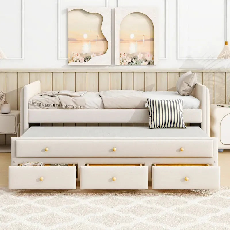 Cama otomana individual de terciopelo beige con cama nido y cajones de almacenamiento