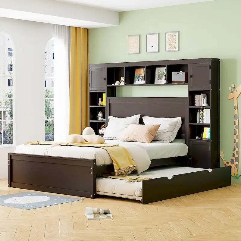 Cama de madera tamaño Queen con almacenamiento y cama nido, espresso