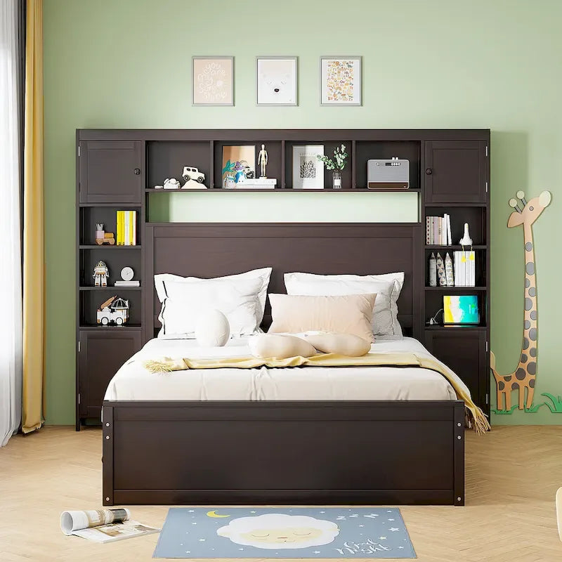 Cama de madera tamaño Queen con almacenamiento y cama nido, espresso