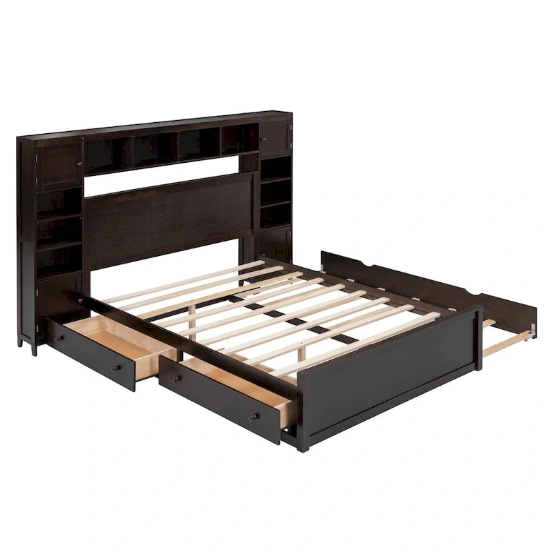 Cama de madera tamaño Queen con almacenamiento y cama nido, espresso