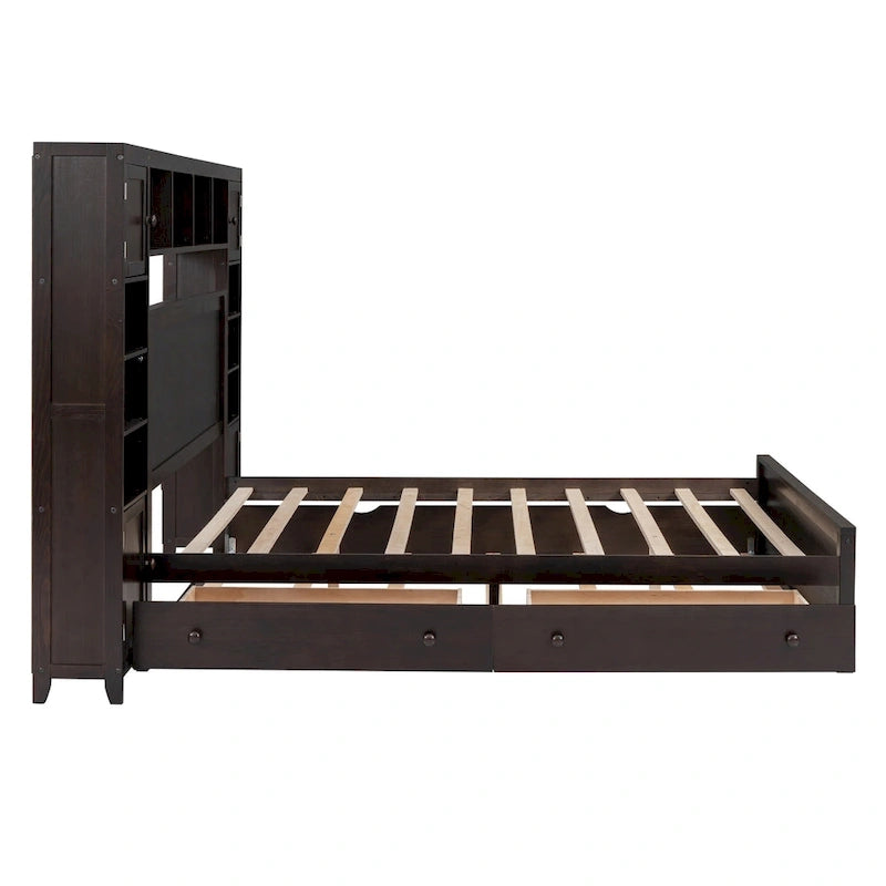 Cama de madera tamaño Queen con almacenamiento y cama nido, espresso