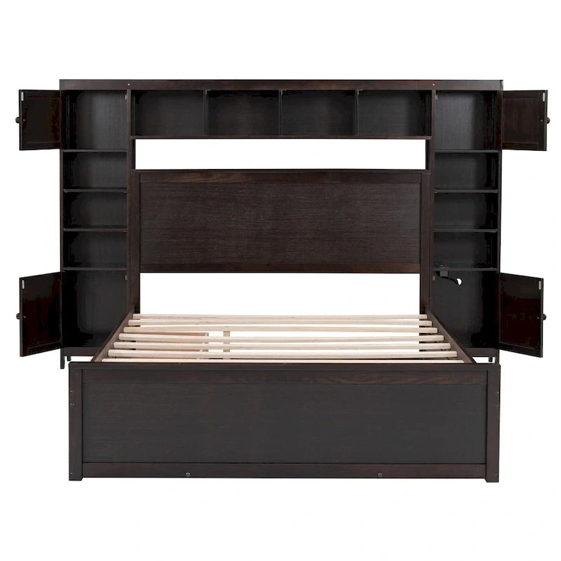 Cama de madera tamaño Queen con almacenamiento y cama nido, espresso