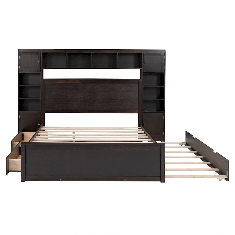 Cama de madera tamaño Queen con almacenamiento y cama nido, espresso