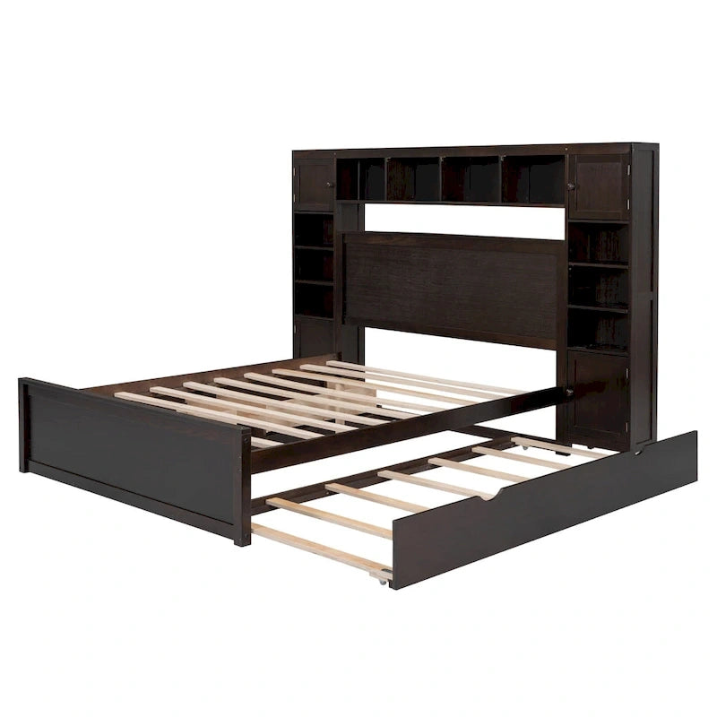 Cama de madera tamaño Queen con almacenamiento y cama nido, espresso