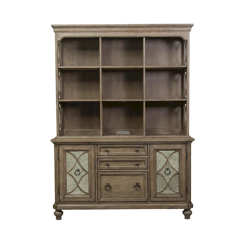 Credenza con alzata color tortora mélange e nove ripiani fissi