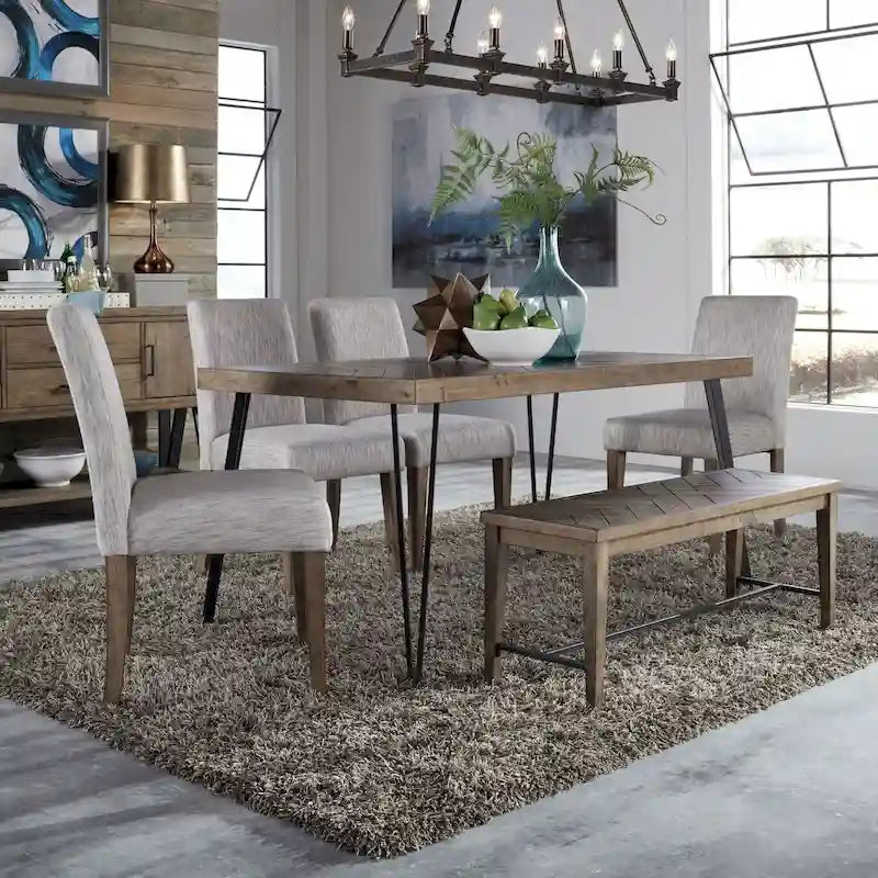 Mesa de comedor rectangular con tablero en patrón de espiga